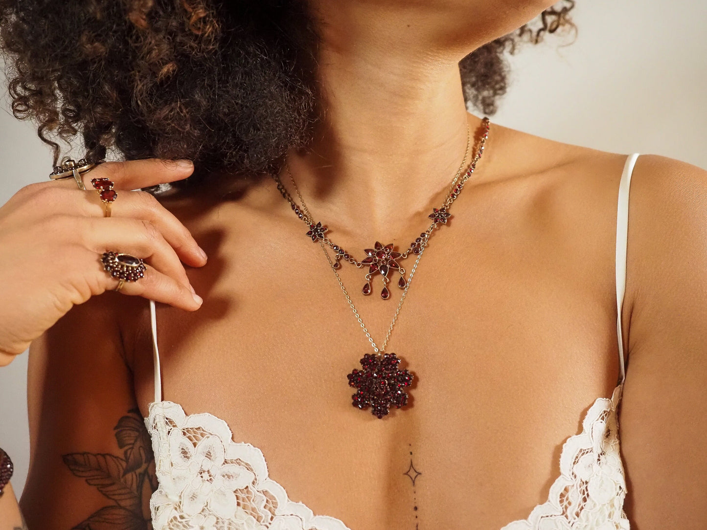Antique 1900s Bohemian Garnet and Gilt Star Czech Garnet Flower Choker Statement 17" Necklace