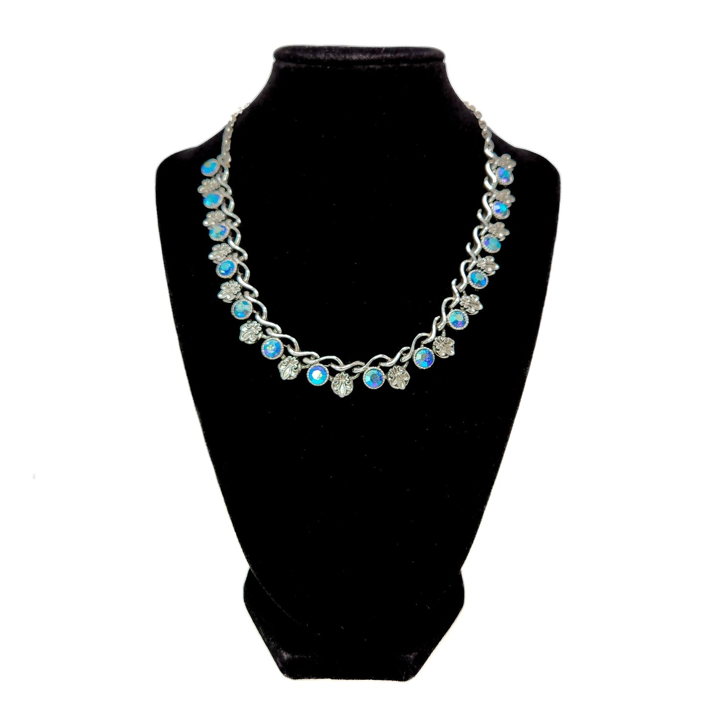 Vintage 1960s Aurora Borealis Blue and Silver Plate Fleur de Leis Choker 17.5" Necklace