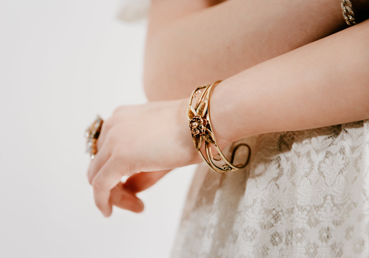 Vintage Flower Costume Cuff - 1980s Rose and Yellow Gold Tone Bracelet - Metal Flower Rose Openwork Cuff 7" Bracelet - Spring Bracelet