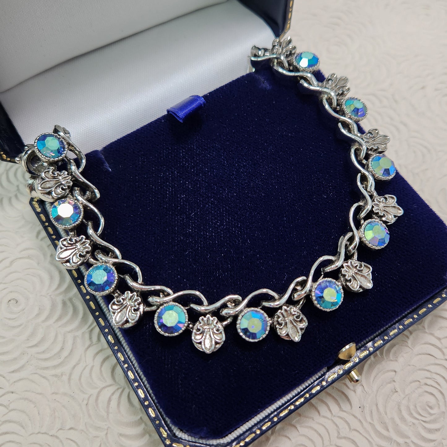 Vintage 1960s Aurora Borealis Blue and Silver Plate Fleur de Leis Choker 17.5" Necklace