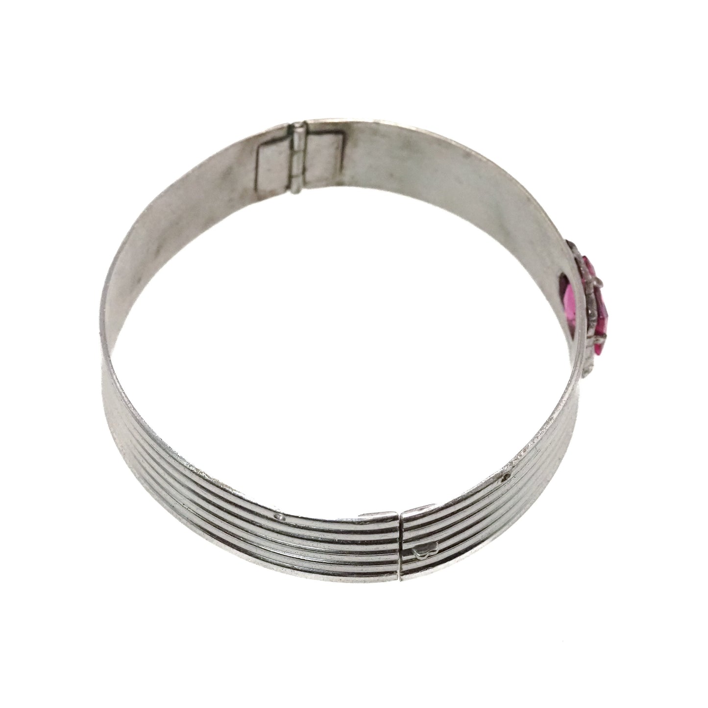 Vintage 1920s Art Deco Pink Glass and Silver Plate Bangle 7" Bracelet