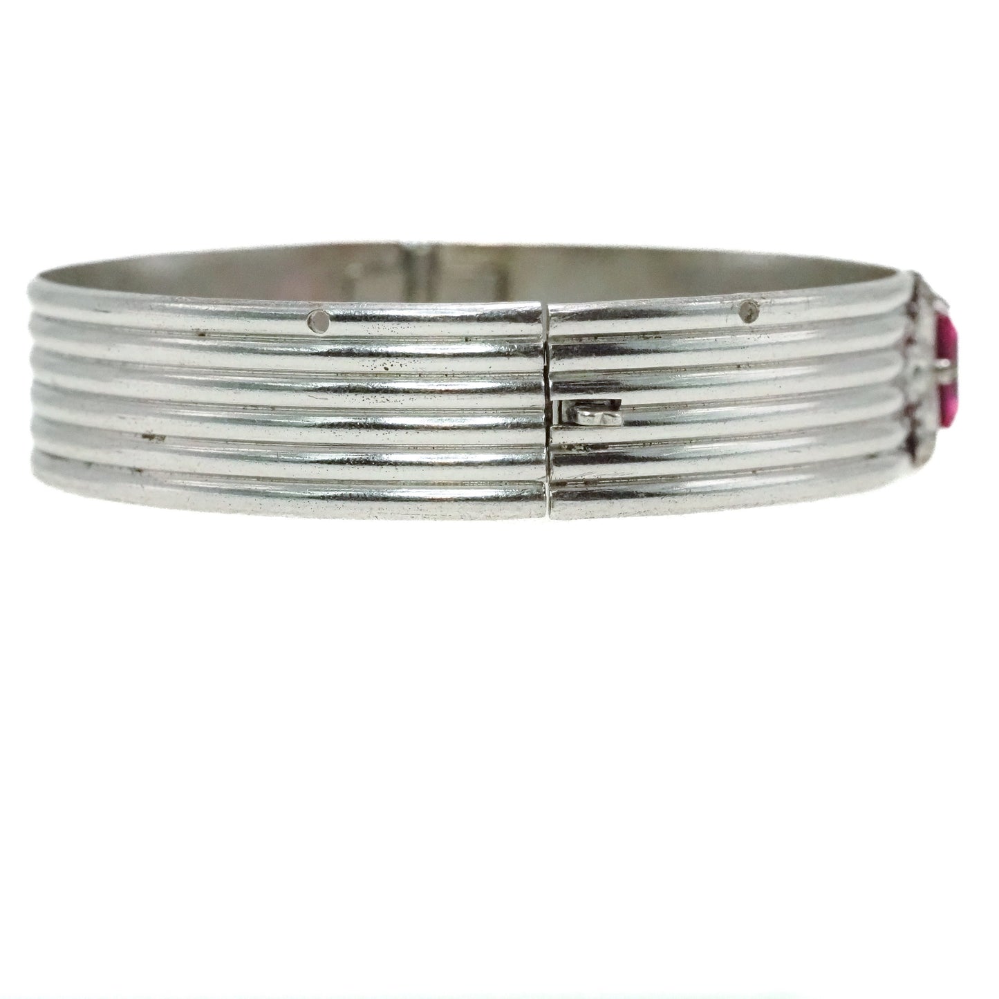 Vintage 1920s Art Deco Pink Glass and Silver Plate Bangle 7" Bracelet