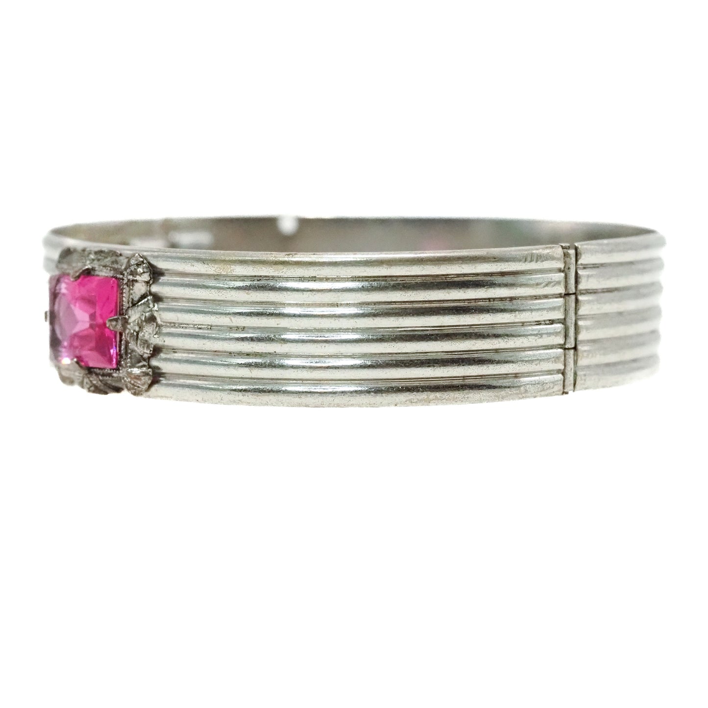 Vintage 1920s Art Deco Pink Glass and Silver Plate Bangle 7" Bracelet
