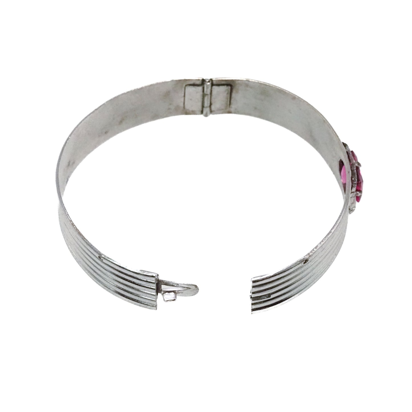 Vintage 1920s Art Deco Pink Glass and Silver Plate Bangle 7" Bracelet