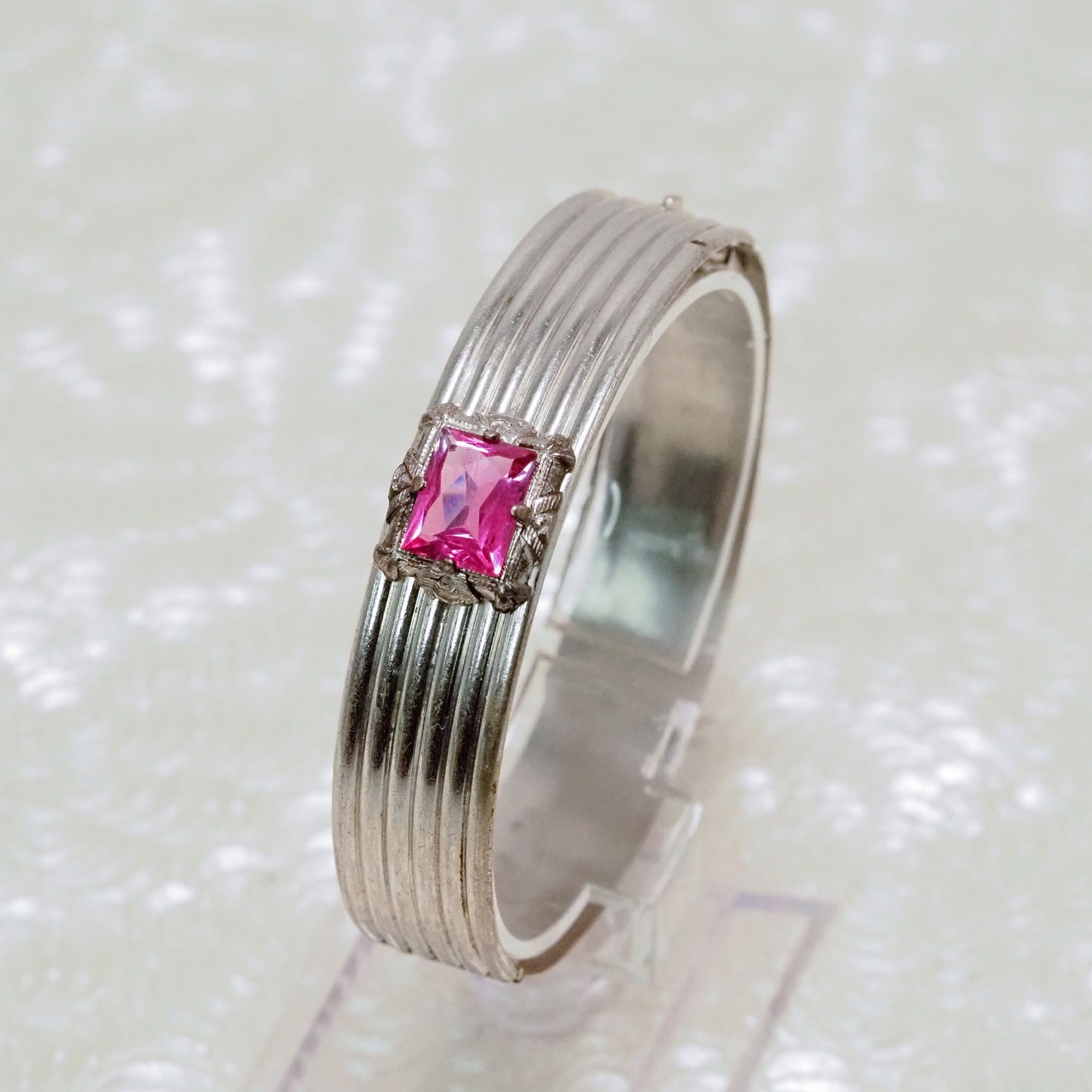 Vintage 1920s Art Deco Pink Glass and Silver Plate Bangle 7" Bracelet