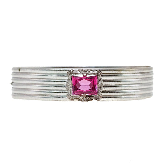 Vintage 1920s Art Deco Pink Glass and Silver Plate Bangle 7" Bracelet