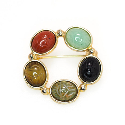 Vintage 1980s Egyptian Revival Carved Stone Scarab Wreath Brooch