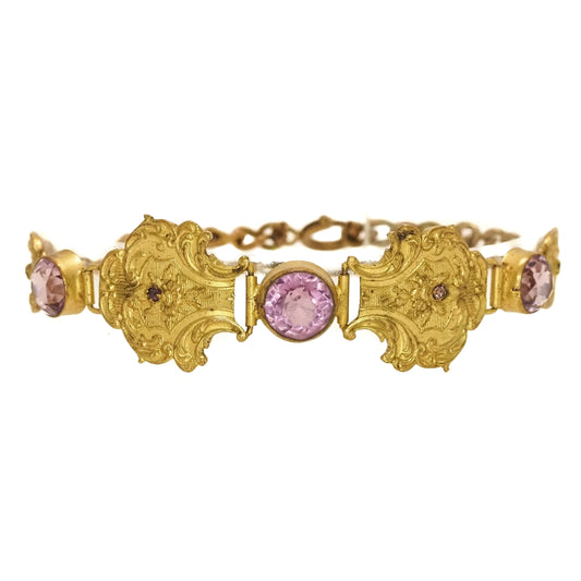 Antique 1900s Late Victorian Purple Glass and Gold-Filled 7.75" Bracelet