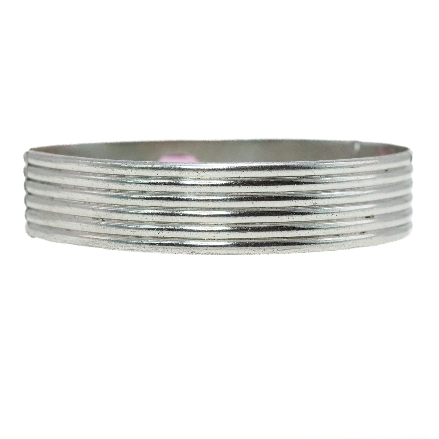 Vintage 1920s Art Deco Pink Glass and Silver Plate Bangle 7" Bracelet