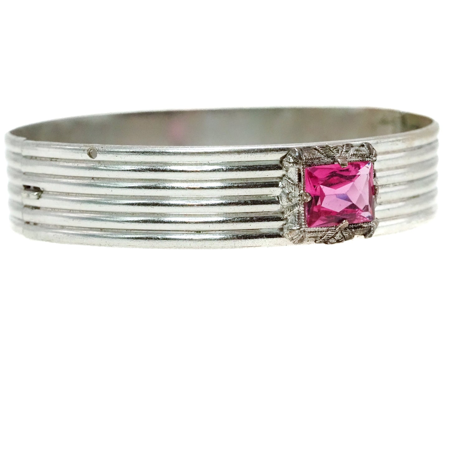 Vintage 1920s Art Deco Pink Glass and Silver Plate Bangle 7" Bracelet