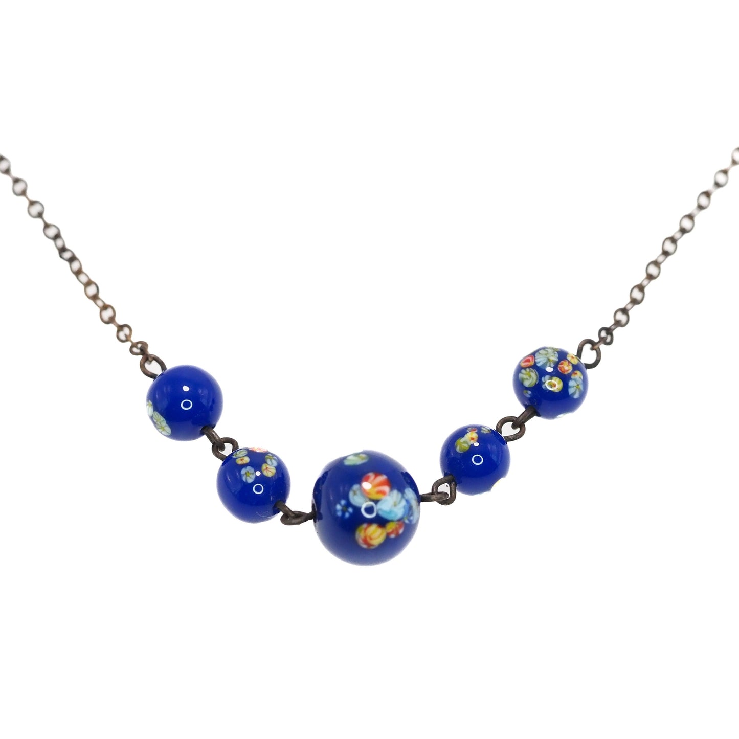 Antique 1910s Blue Venetian Bead and Brass Flower Choker 15" Necklace - Blue Venetian Floral Glass Choker Necklace