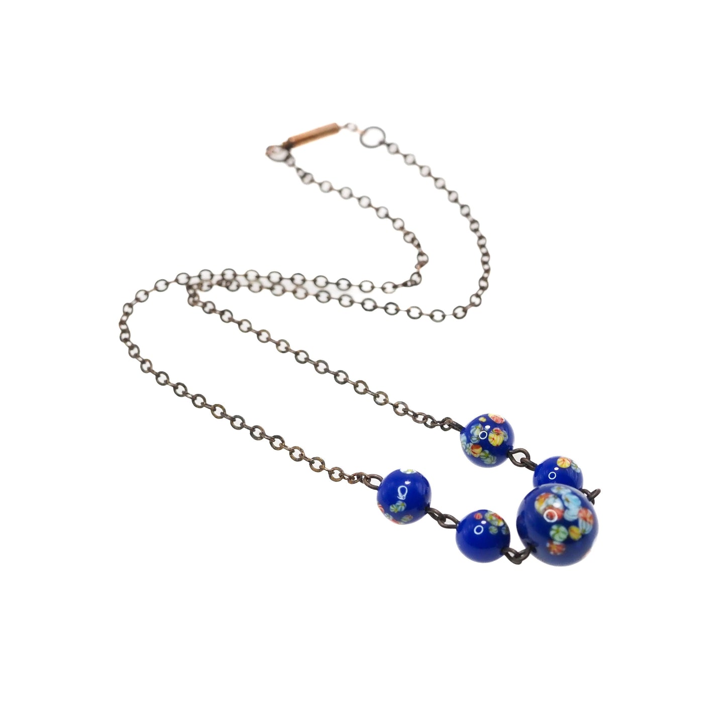 Antique 1910s Blue Venetian Bead and Brass Flower Choker 15" Necklace - Blue Venetian Floral Glass Choker Necklace