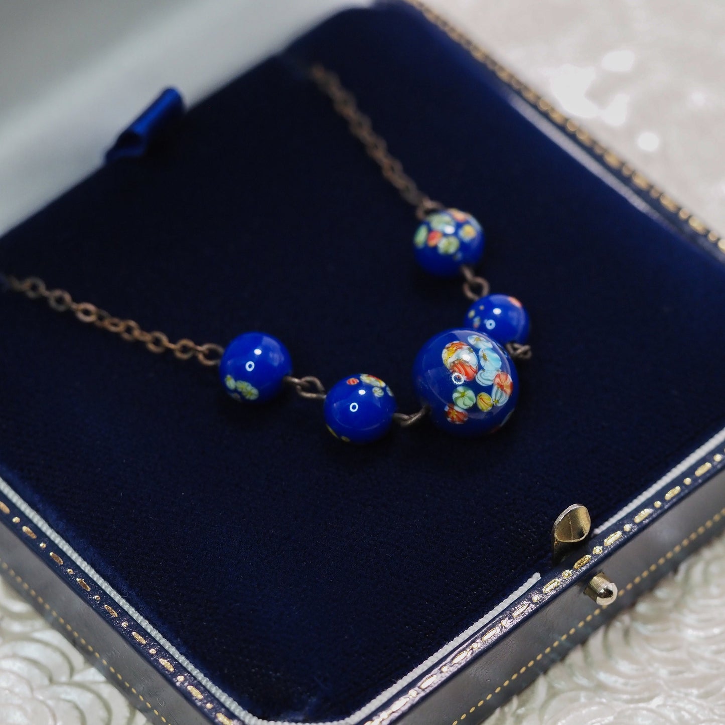 Antique 1910s Blue Venetian Bead and Brass Flower Choker 15" Necklace - Blue Venetian Floral Glass Choker Necklace