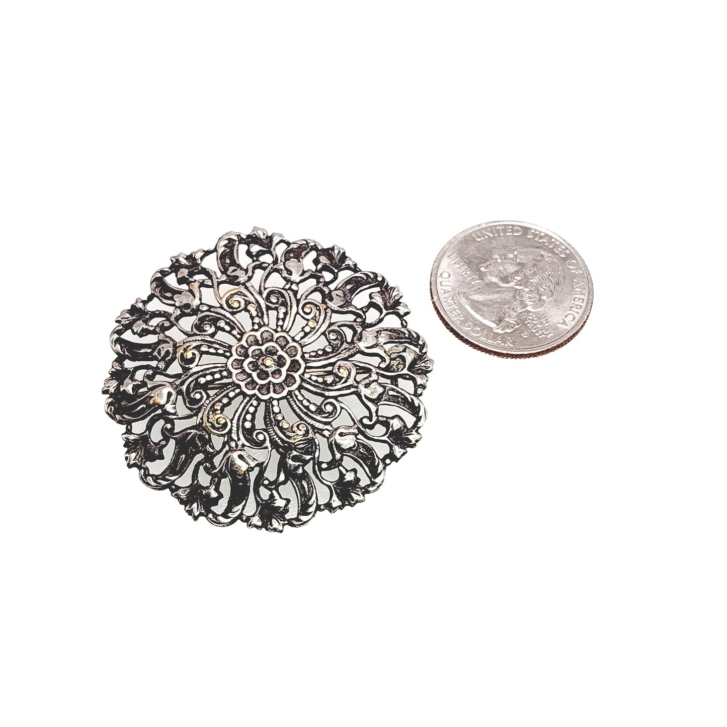 Vintage 1960s Large Ornate Medieval Revival Flower Silver Plated Statement Brooch