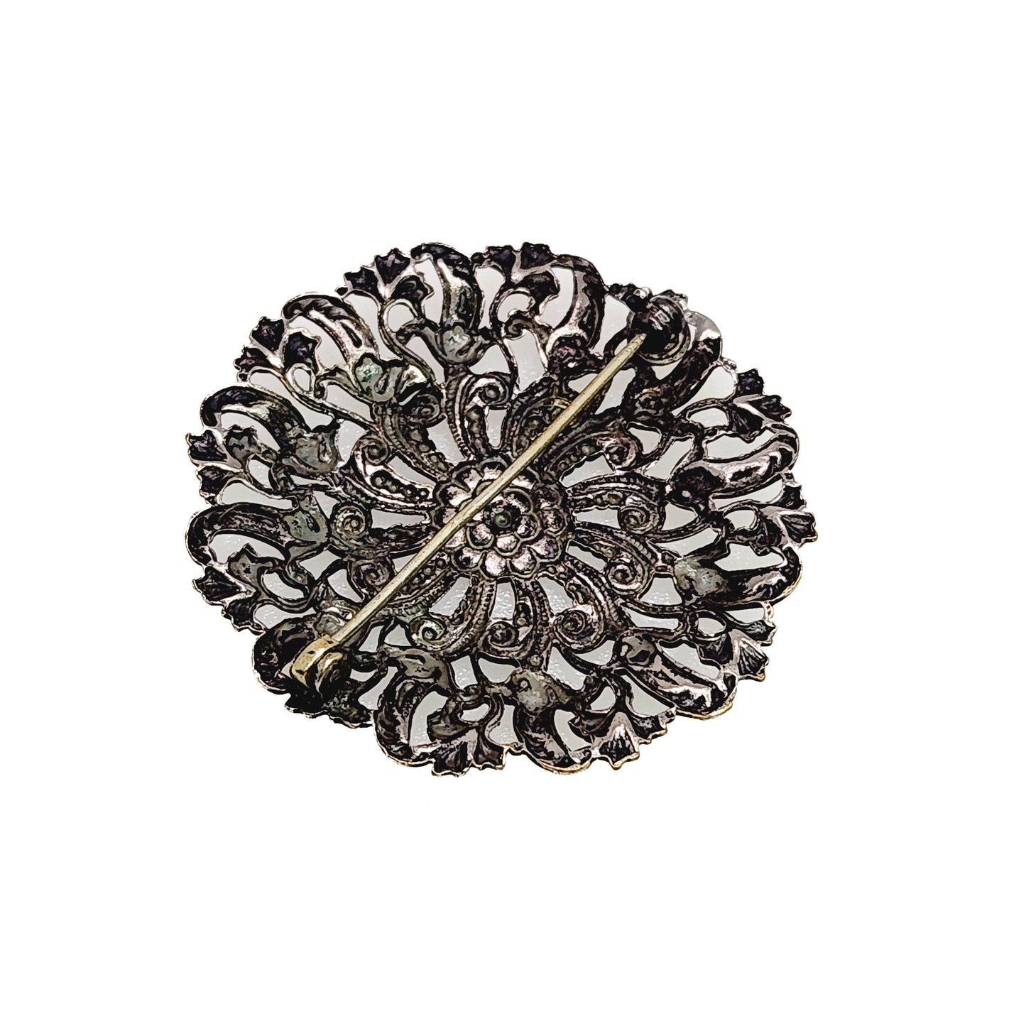 Vintage 1960s Large Ornate Medieval Revival Flower Silver Plated Statement Brooch