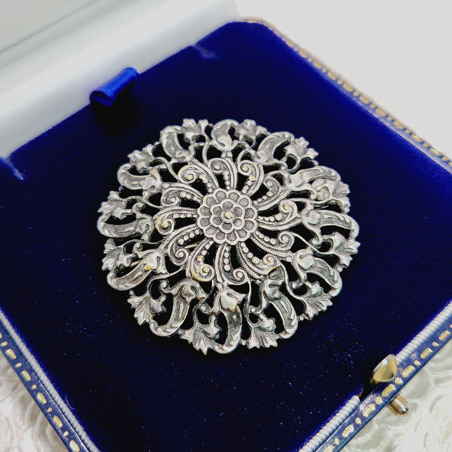 Vintage 1960s Large Ornate Medieval Revival Flower Silver Plated Statement Brooch