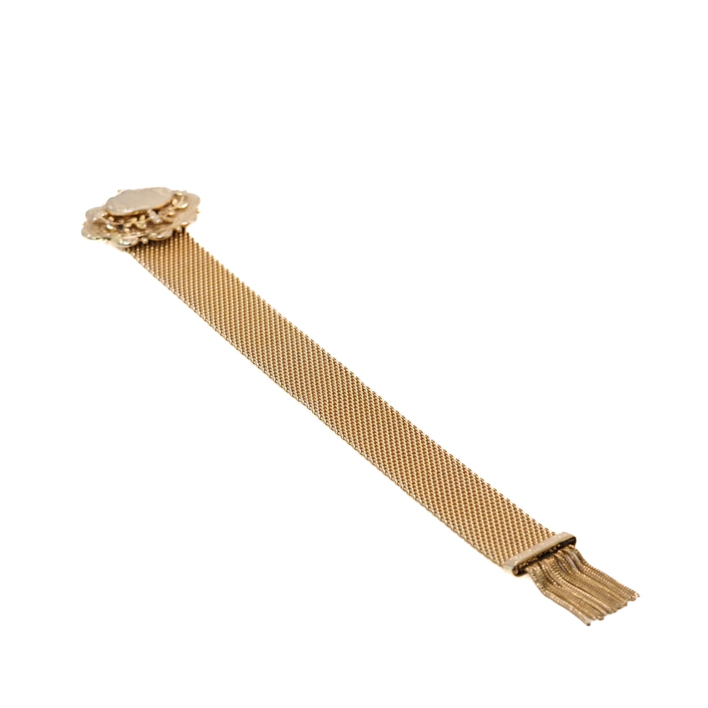 Antique 1880s Mid Victorian Rolled Gold Mesh Slider Mesh Adjustable Tassel 7" Bracelet