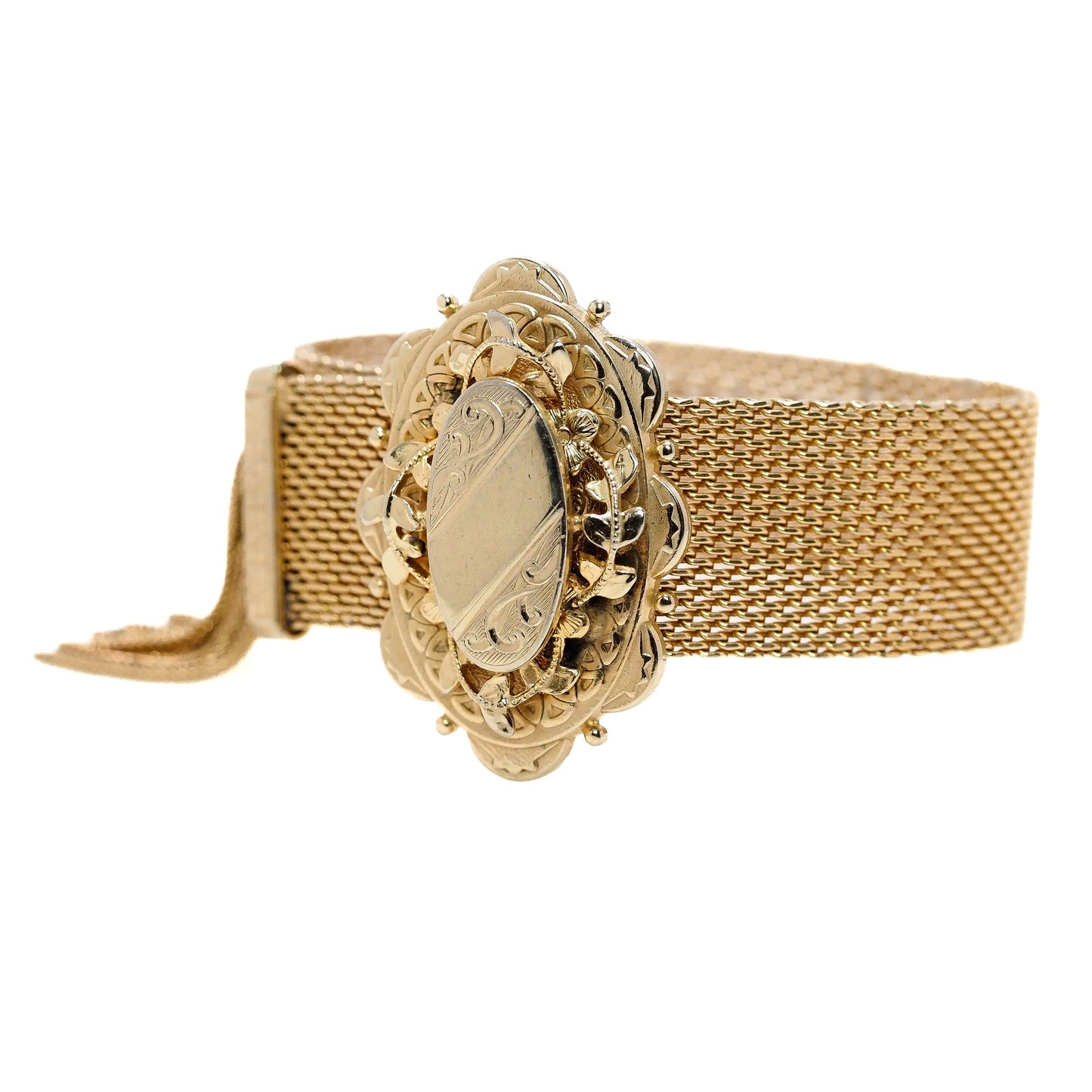 Antique 1880s Mid Victorian Rolled Gold Mesh Slider Mesh Adjustable Tassel 7" Bracelet