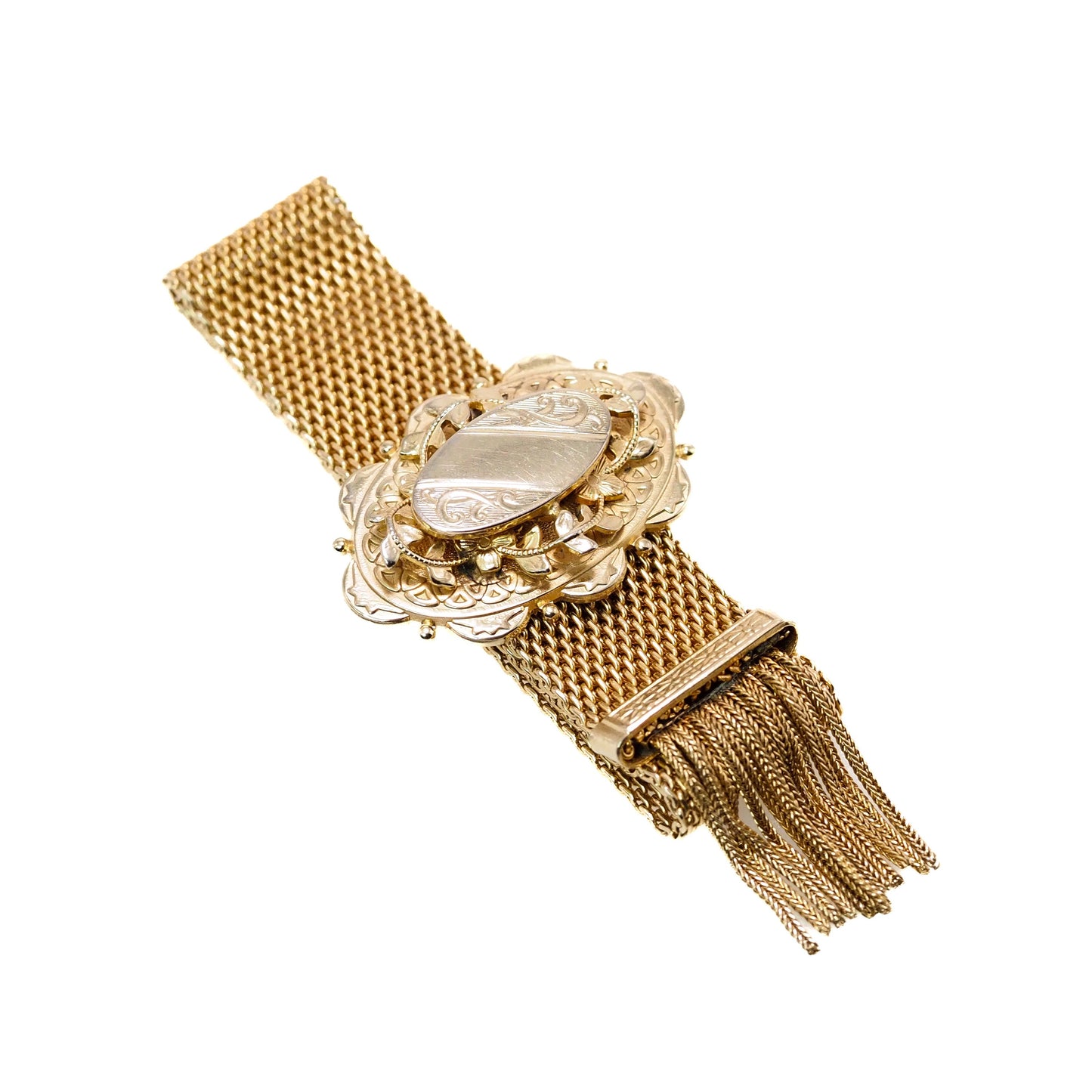 Antique 1880s Mid Victorian Rolled Gold Mesh Slider Mesh Adjustable Tassel 7" Bracelet
