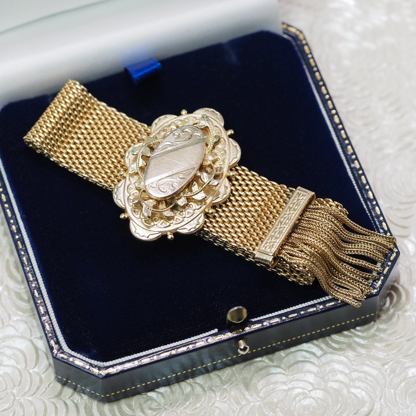 Antique 1880s Mid Victorian Rolled Gold Mesh Slider Mesh Adjustable Tassel 7" Bracelet
