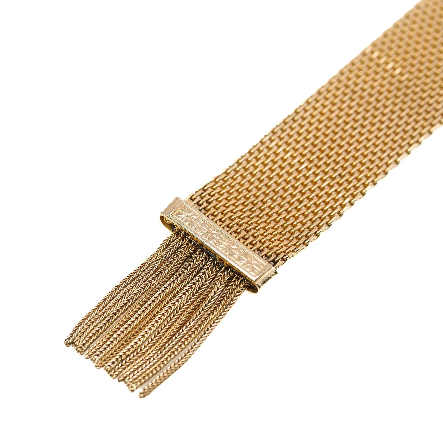 Antique 1880s Mid Victorian Rolled Gold Mesh Slider Mesh Adjustable Tassel 7" Bracelet