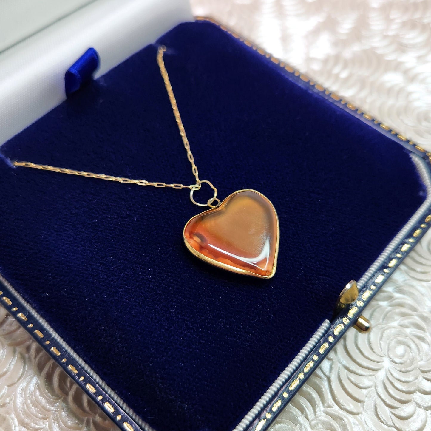 Antique 1890s Victorian Heart Orange Agate and Gold Fill Pendant Choker 14" Necklace