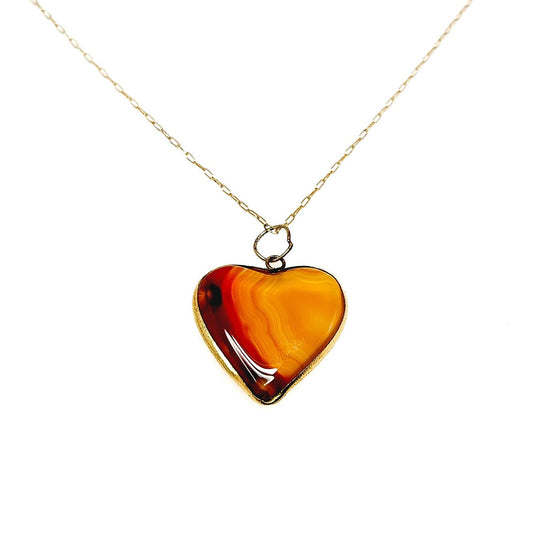 Antique 1890s Victorian Heart Orange Agate and Gold Fill Pendant Choker 14" Necklace