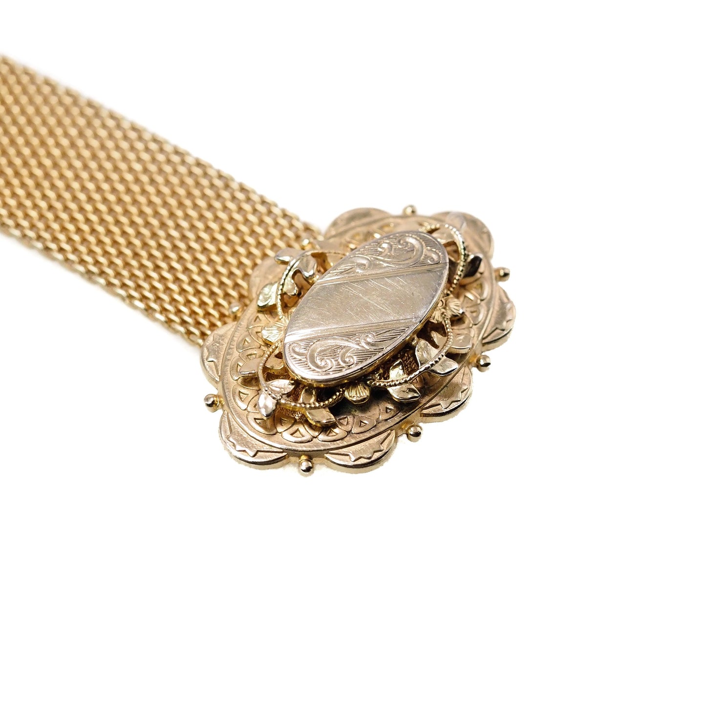 Antique 1880s Mid Victorian Rolled Gold Mesh Slider Mesh Adjustable Tassel 7" Bracelet