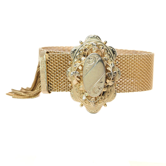 Antique 1880s Mid Victorian Rolled Gold Mesh Slider Mesh Adjustable Tassel 7" Bracelet