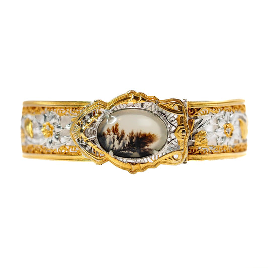 Vintage 1930s JJ WHITE Art Deco Dendritic Agate and Silver Plated Filigree 6.75" Bracelet