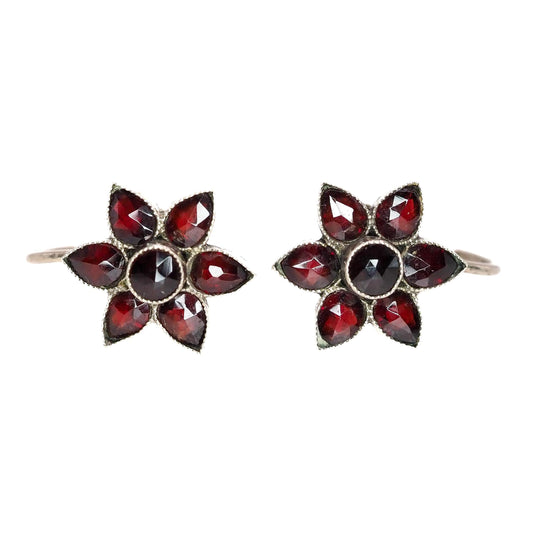 Antique 1910s Bohemian Garnet and Silver Flower Screw Back Non-Pierced Earrings