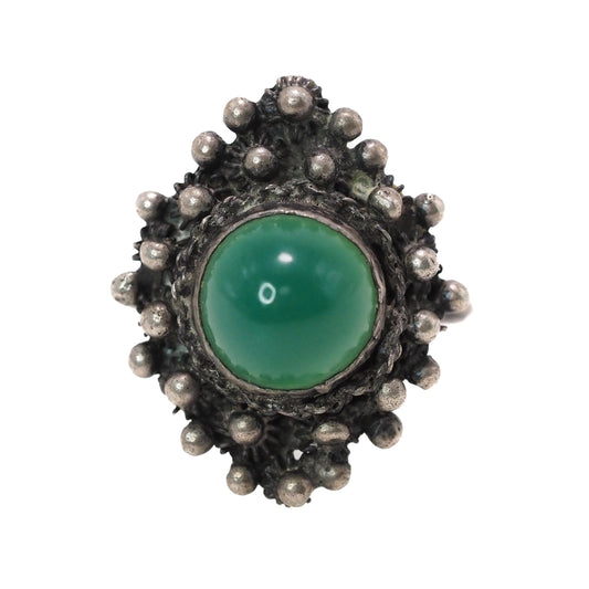 Vintage 1940s Retro Art Deco Green Chrysoprase and 800 Silver Cabochon Solitaire Marquise Ring Size 7.25