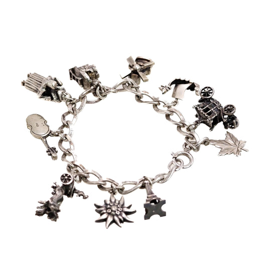 Vintage 1960s Sterling Silver Eiffel Tower, Viking Ship, Carriage, Leaf, Chariot, Flower, Windmill Charm 7.25" Bracelet
