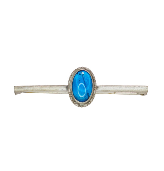 Antique 1910s Morpho Menelaus Blue Butterfly Wing and Silver Bar Brooch