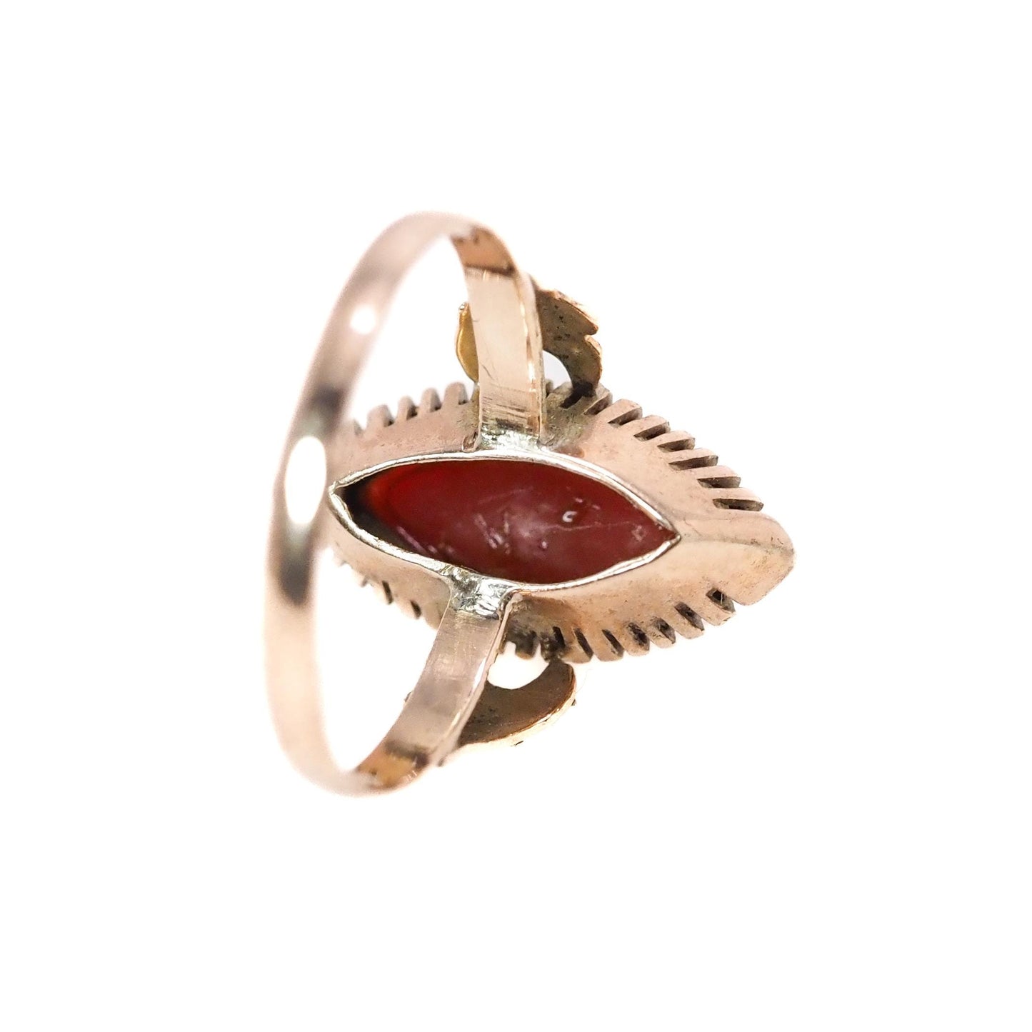 Antique 1860s Mid-Victorian Red Marquise Sardinian Coral and 18k Yellow Gold Ring Size 6.25