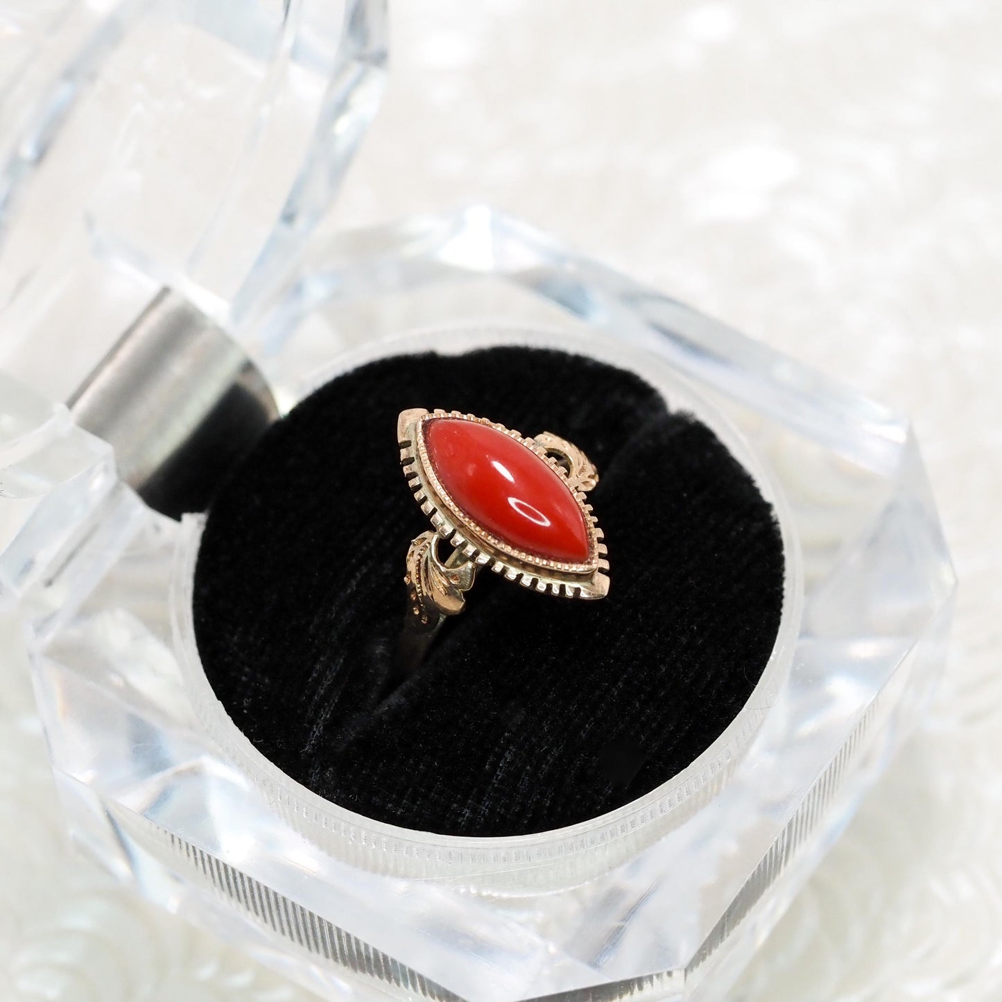 Antique 1860s Mid-Victorian Red Marquise Sardinian Coral and 18k Yellow Gold Ring Size 6.25