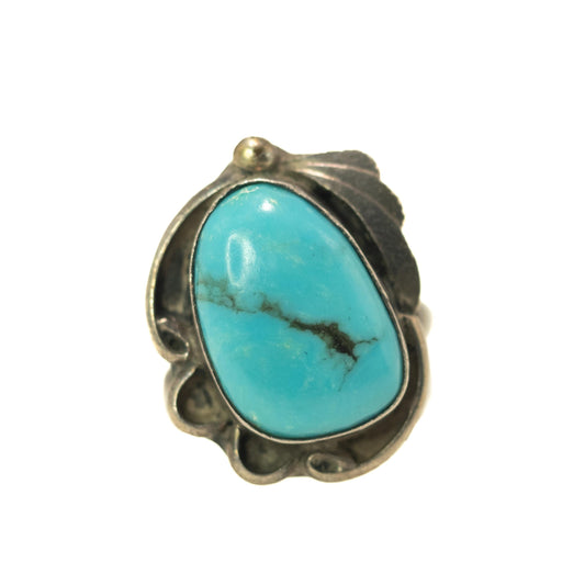 Vintage 1980s Blue Turquoise and Navajo Sterling Silver Solitaire Southwestern Ring Size 4.5