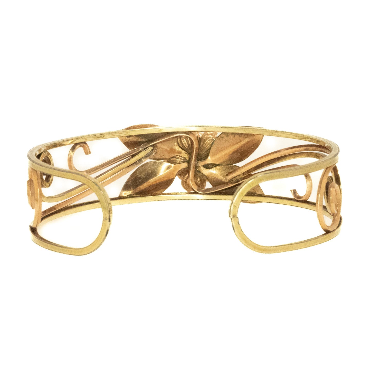 Vintage Flower Costume Cuff - 1980s Rose and Yellow Gold Tone Bracelet - Metal Flower Rose Openwork Cuff 7" Bracelet - Spring Bracelet