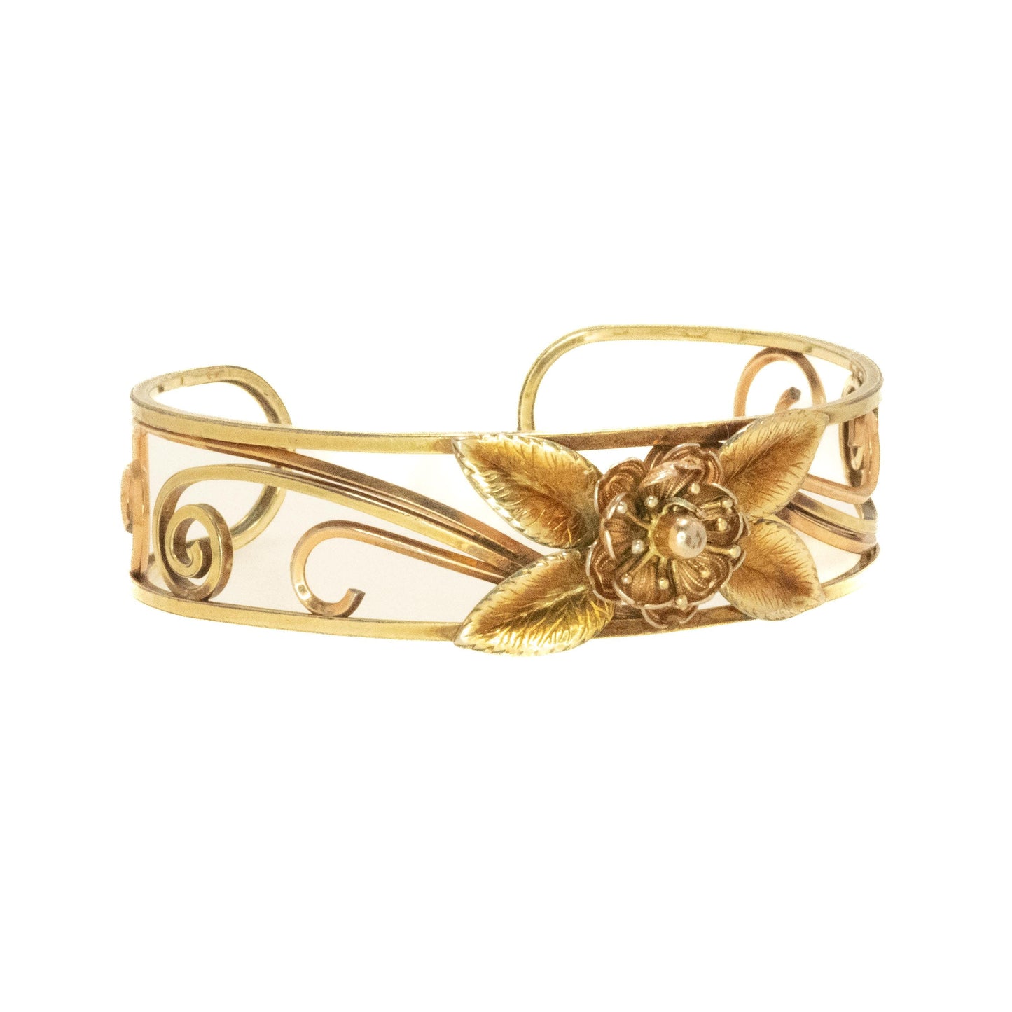 Vintage Flower Costume Cuff - 1980s Rose and Yellow Gold Tone Bracelet - Metal Flower Rose Openwork Cuff 7" Bracelet - Spring Bracelet