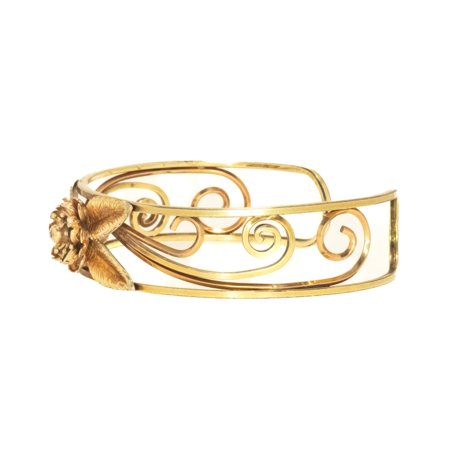 Vintage Flower Costume Cuff - 1980s Rose and Yellow Gold Tone Bracelet - Metal Flower Rose Openwork Cuff 7" Bracelet - Spring Bracelet