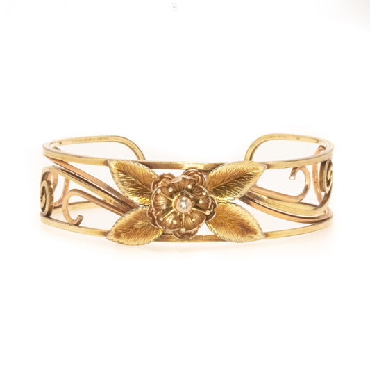 Vintage 1980s Rose and Yellow Gold Tone Metal Flower Rose Openwork Cuff 7" Bracelet