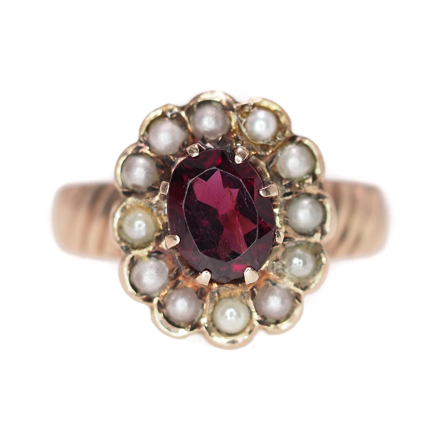 Antique 1890s Late Victorian Almandite Garnet, Seed Pearl, and 9k Yellow Gold, Pearl Halo Ring Size 6.5