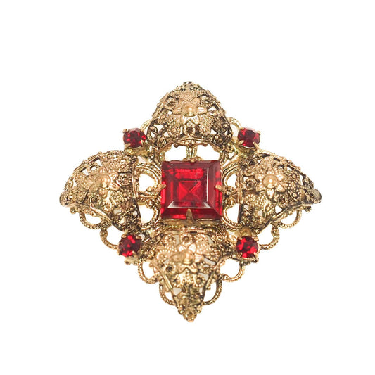 Vintage 1960s Red Rhinestone and Gold Tone Renaissance Revival Brooch
