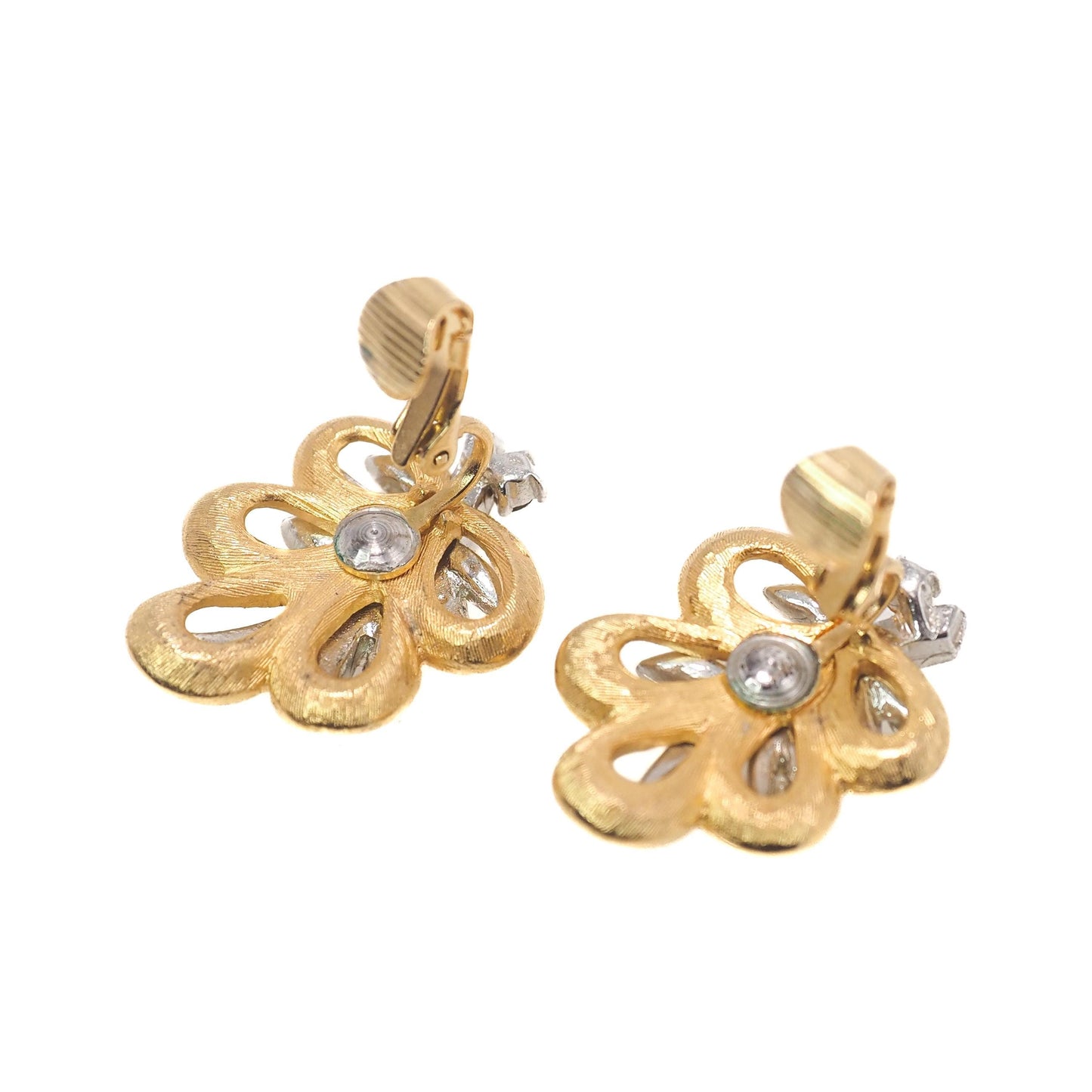 Vintage 1960s Clear Rhinestone Gold Plate Leaf Brooch and Clip Earring Set - 60s Costume Rhinestone Pin and Earrings Set