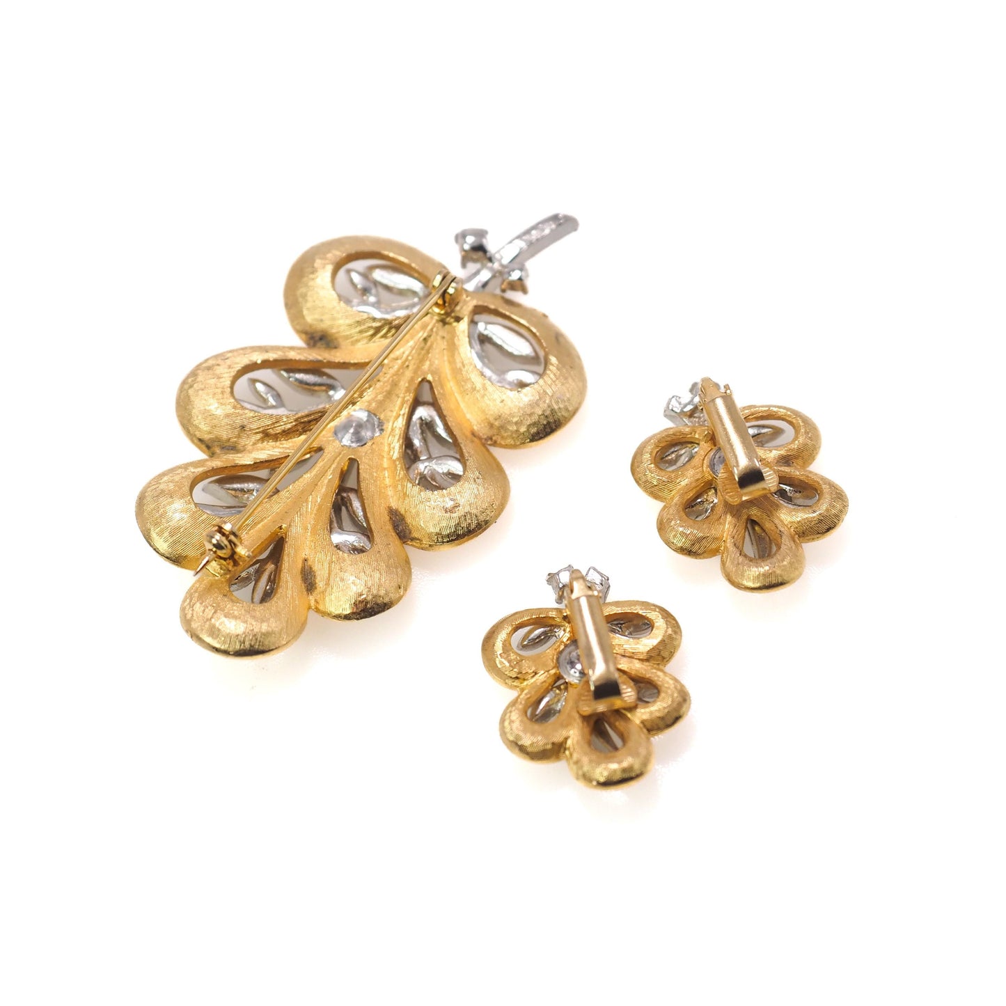 Vintage 1960s Clear Rhinestone Gold Plate Leaf Brooch and Clip Earring Set - 60s Costume Rhinestone Pin and Earrings Set