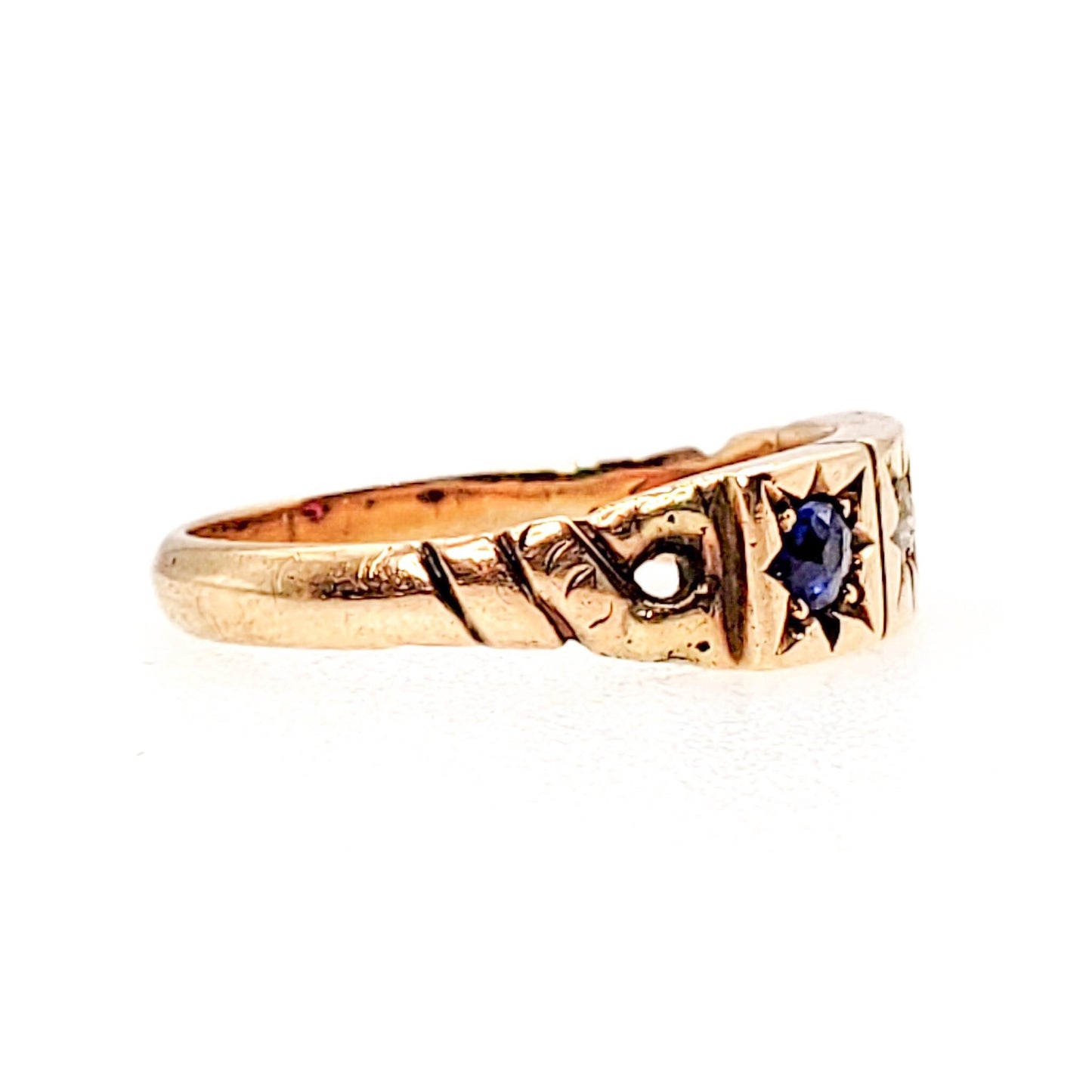 Antique Victorian Lab Ruby, Sapphire Diamond, 14K Ring - 1900s Victorian Ruby, Lab Sapphire, Diamond, Yellow Gold Gypsy Ring Size 7.25
