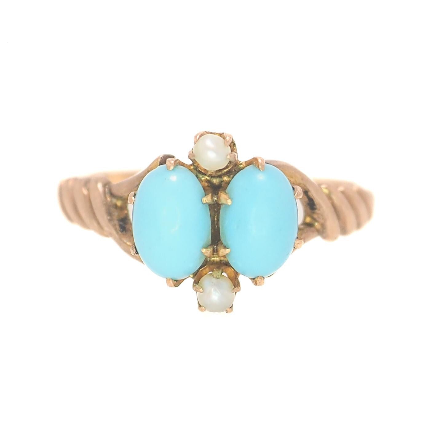 Antique 1890 Victorian Blue Turquoise, 14k Yellow Gold, and Seed Pearl Ring Size 8.25