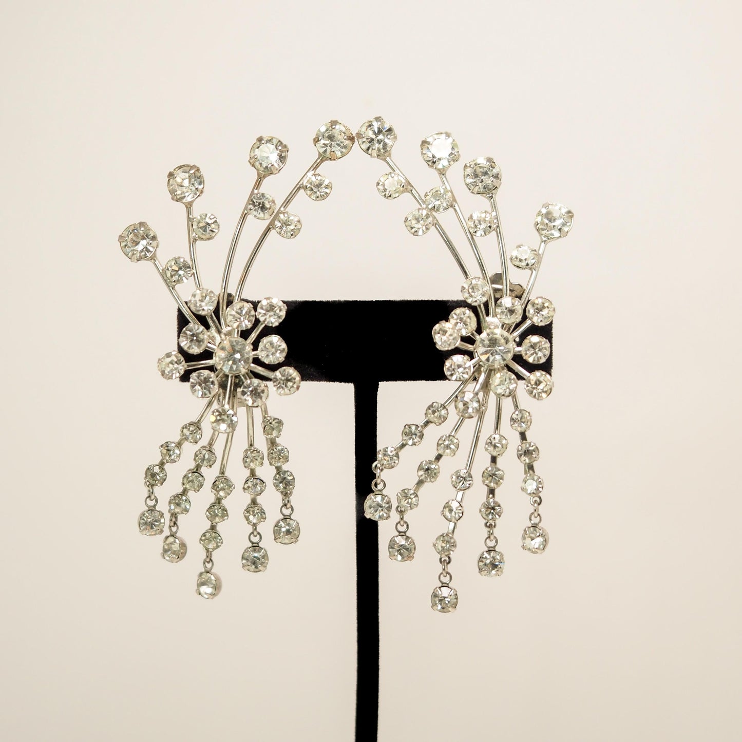 Vintage 1950s Clear Rhinestone and Silver Tone Statement Starburst Clip On Earrings