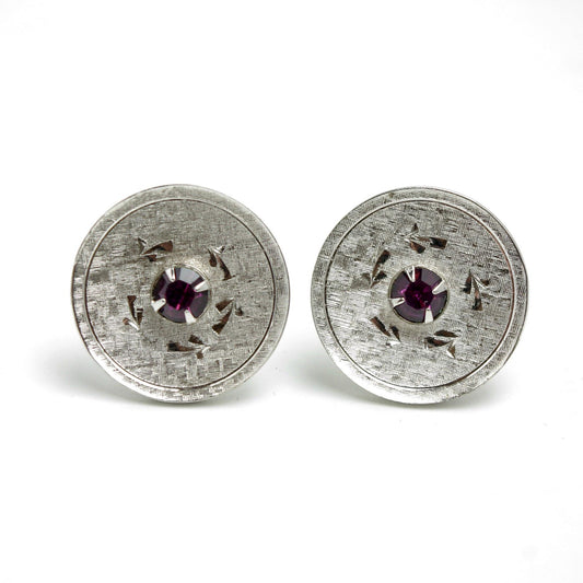 Vintage 1960s Purple Faceted Glass and Silver Tone Circular Etched Cufflinks