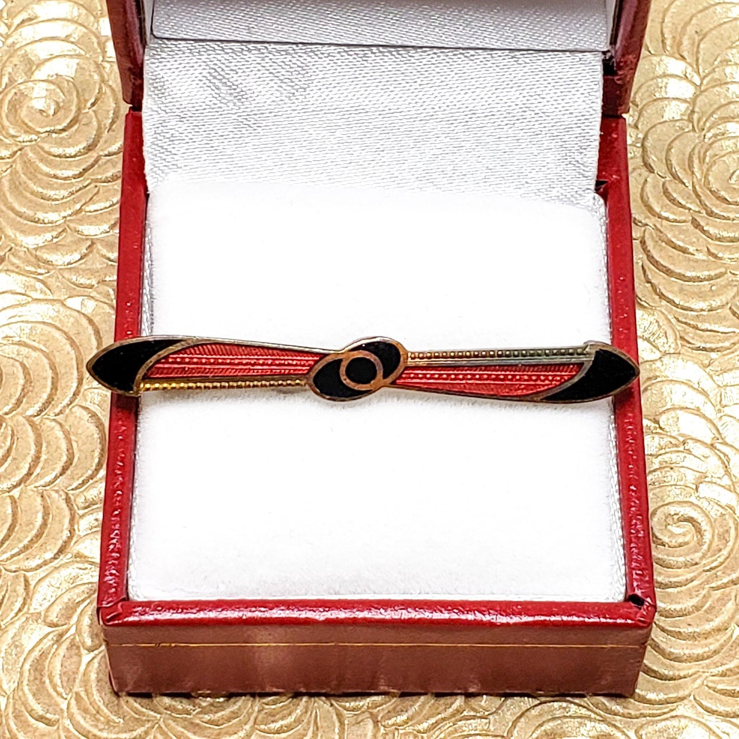 Antique 1900s Art Nouveau Red and Black Enamel and Gold Filled Bar Pin Brooch